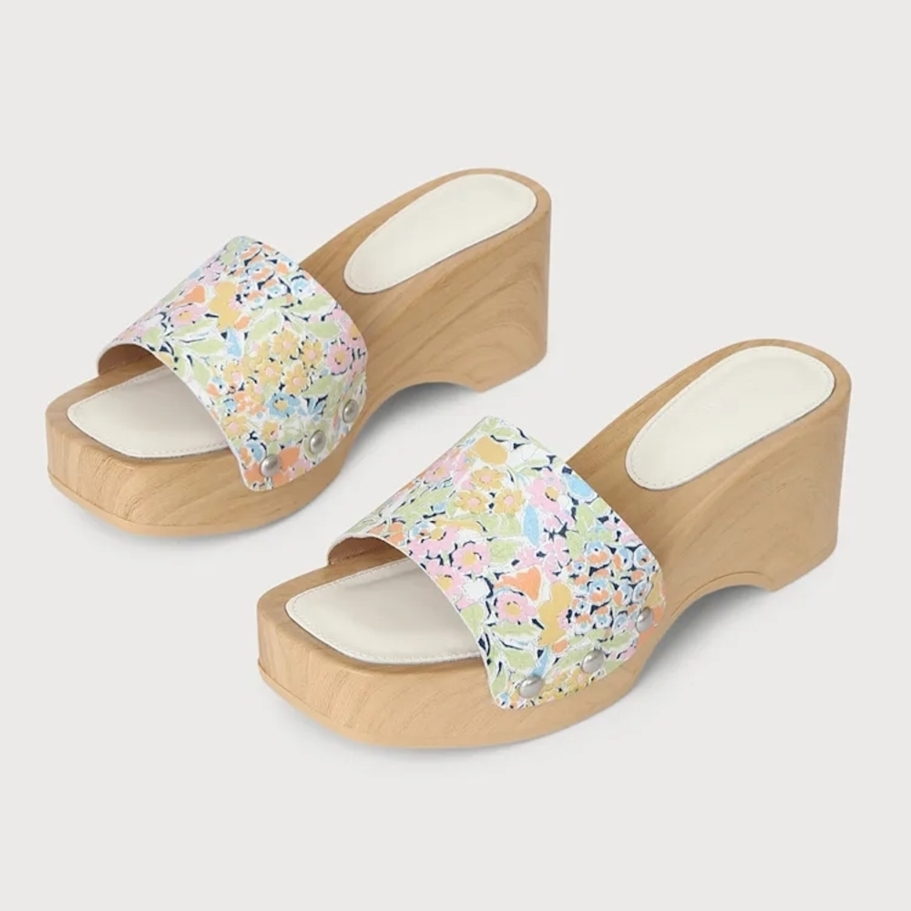 Splendid Bree White Floral Print Leather Platform Slide Sandals. Size 10